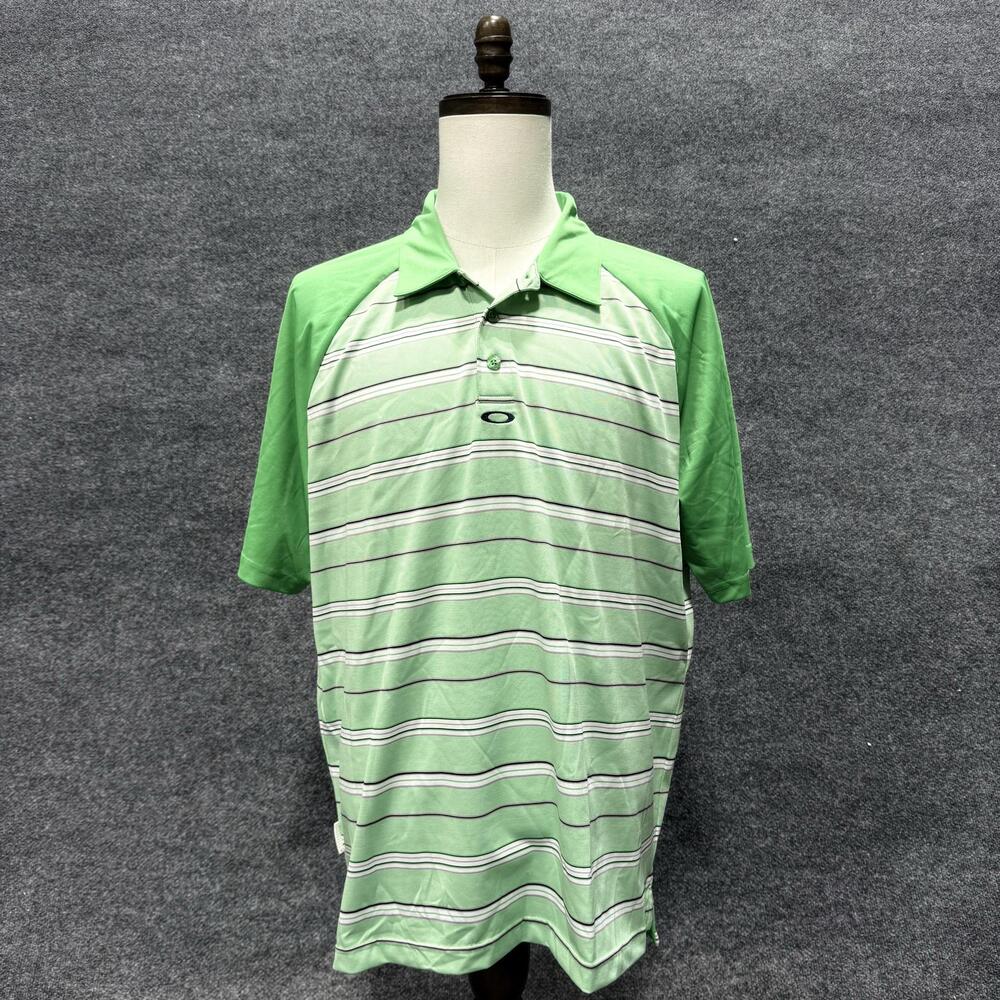 Oakley Polo Shirt Mens XL Green Striped Short Sleeve Golf Performance Knit Top